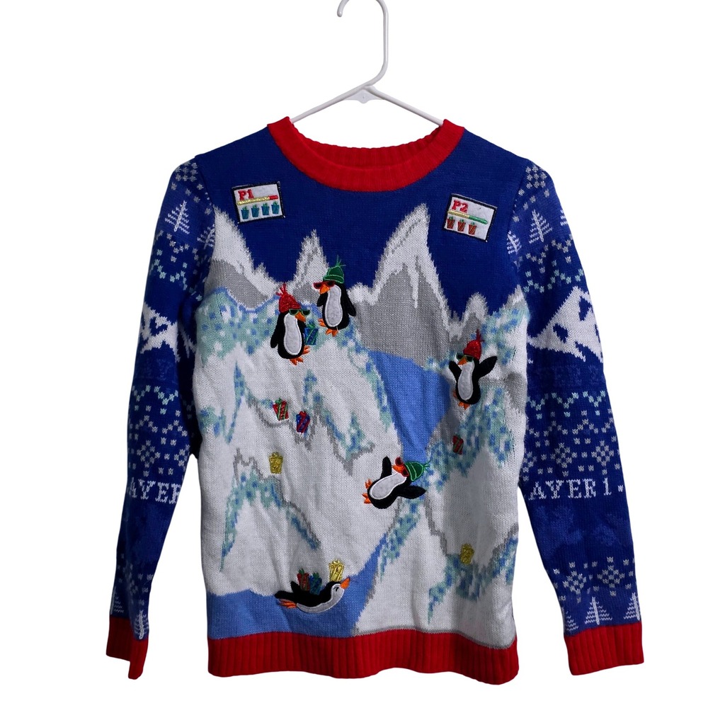 Holiday Time Boys Ugly Christmas Sweater Penguins Skiing Blue Red L G‎ 10-12